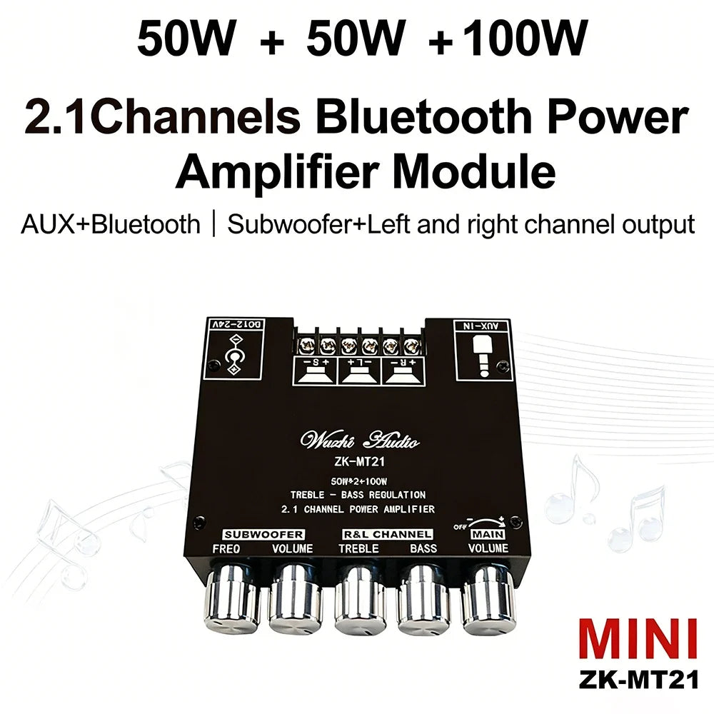 MT21 2.1 Channel Bluetooth 5.0 Audio Amplifier Board 100W Subwoofer 50W*2 L/R Stereo Amp Module Bass Treble Control AUX Input DC12-24V for Home Speaker DIY by FLIPSTYLEZLLC
