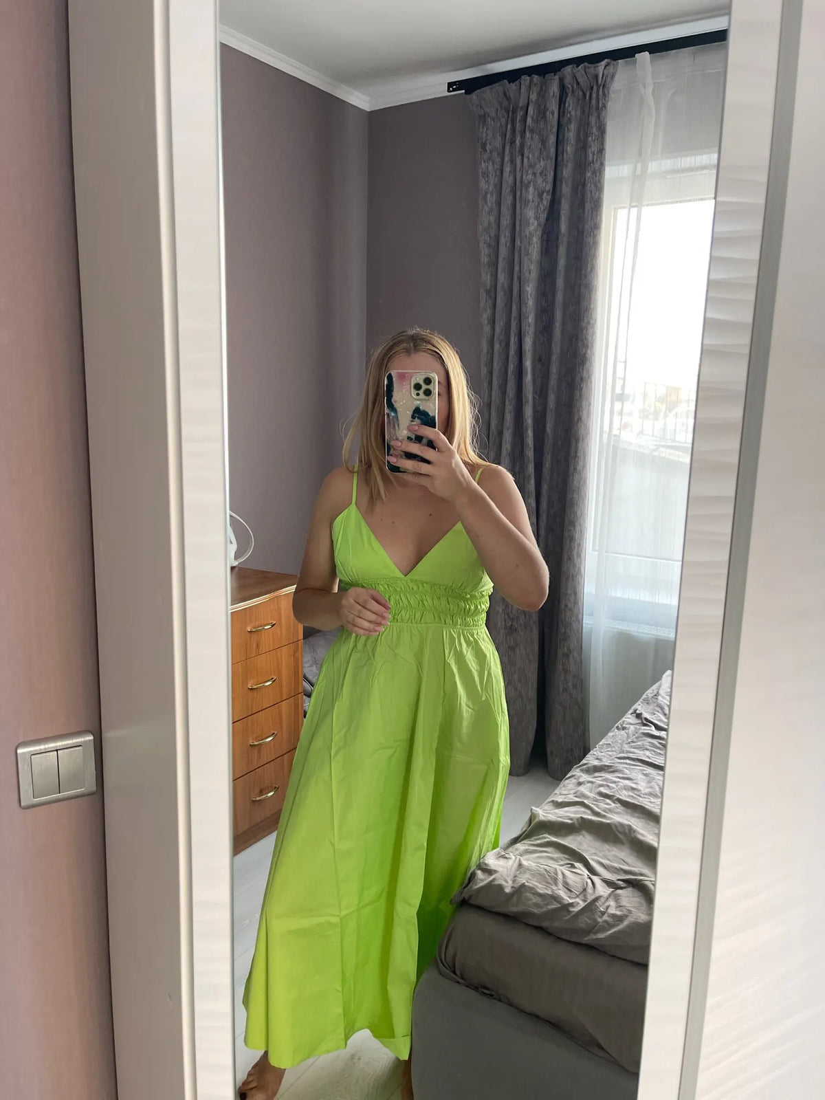 Foridol Elastic Smocking Green Cotton V Neck Summer Women's Dress Sleevless Long Green Maxi Casual Strapy Dress Solid Female by Ladyez