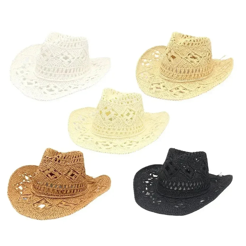 Summer Outdoor Men Women Hand-woven Western Cowboy Straw Hats Wide Brim Breathable Beach Jazz Cap Sun Protection Hat (Copy) by Goddess Imports Marketplace