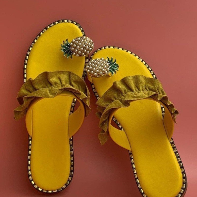 Pineapple Pearl Beach Slides Flat Toe Casual Womens Slippers by Silver Juneberry