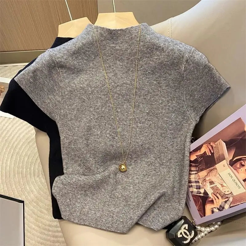 2026 Basic Turtleneck Solid Thin Summer Pullover Women Female Knitted Sweater Slim Short Sleeve Bodycon Sweater by Urban Fashion Icon