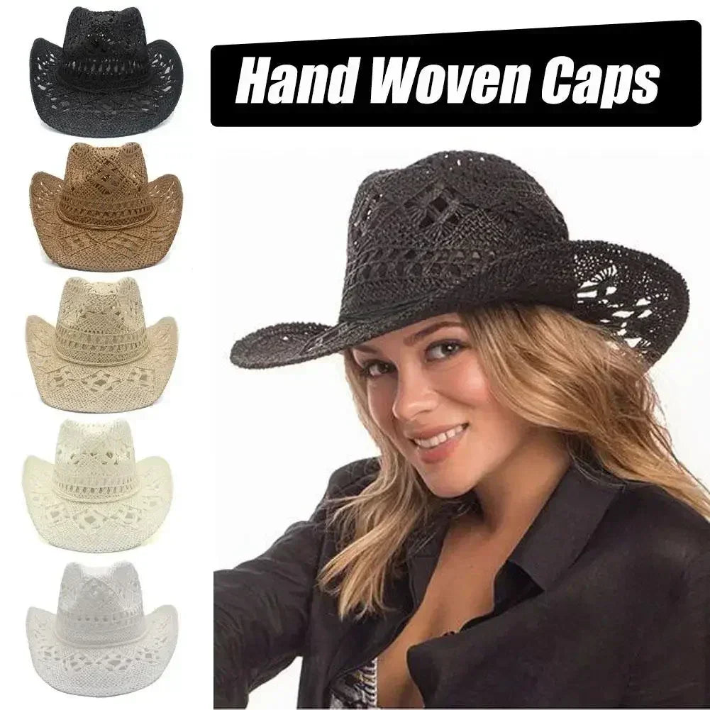 Summer Outdoor Men Women Hand-woven Western Cowboy Straw Hats Wide Brim Breathable Beach Jazz Cap Sun Protection Hat (Copy) by Goddess Imports Marketplace