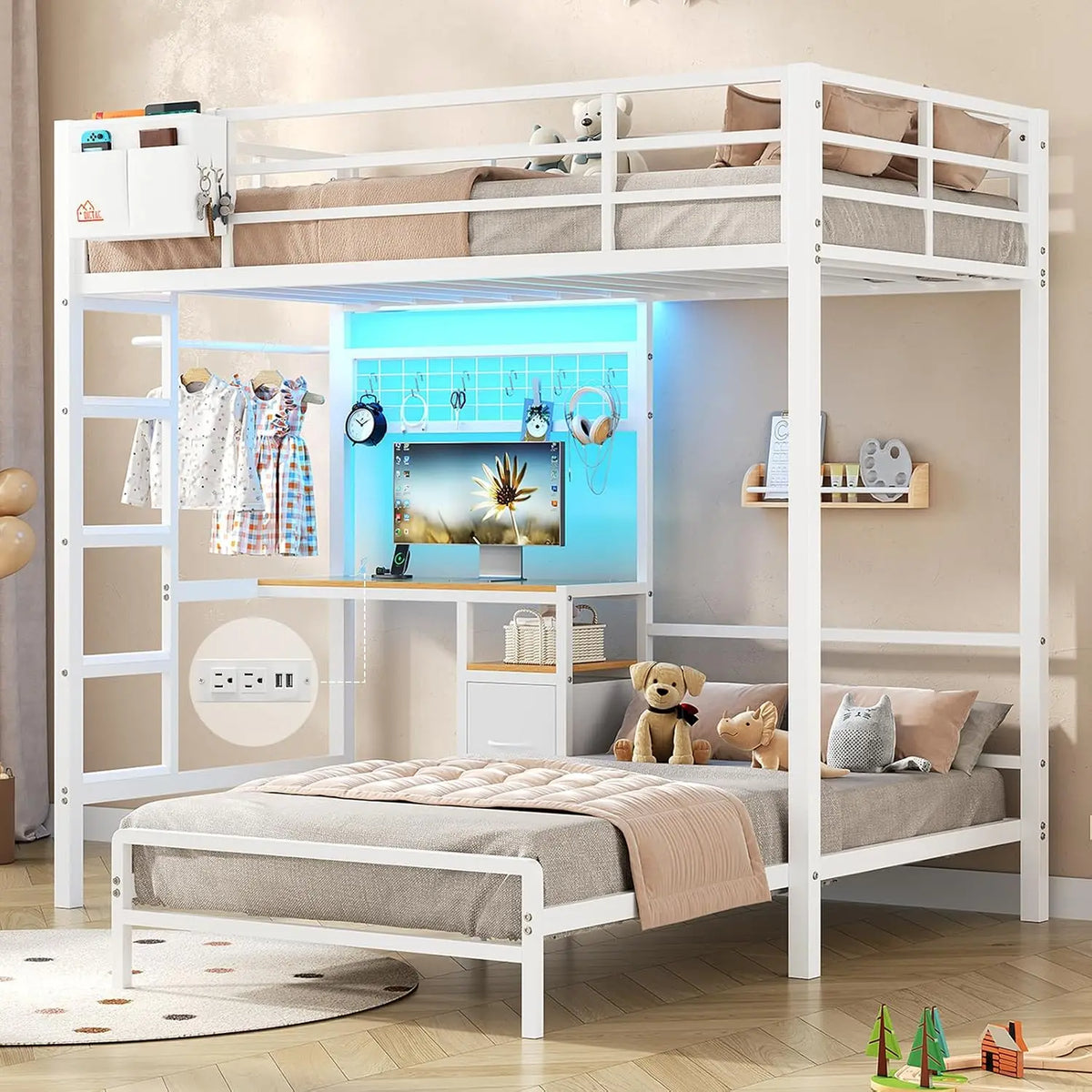 Twin Over Twin Bunk Bed,Built-in Desk & Charging Station & LED Lights with Storage Drawers,Bedroom Furniture, Custom by FLIPSTYLEZLLC