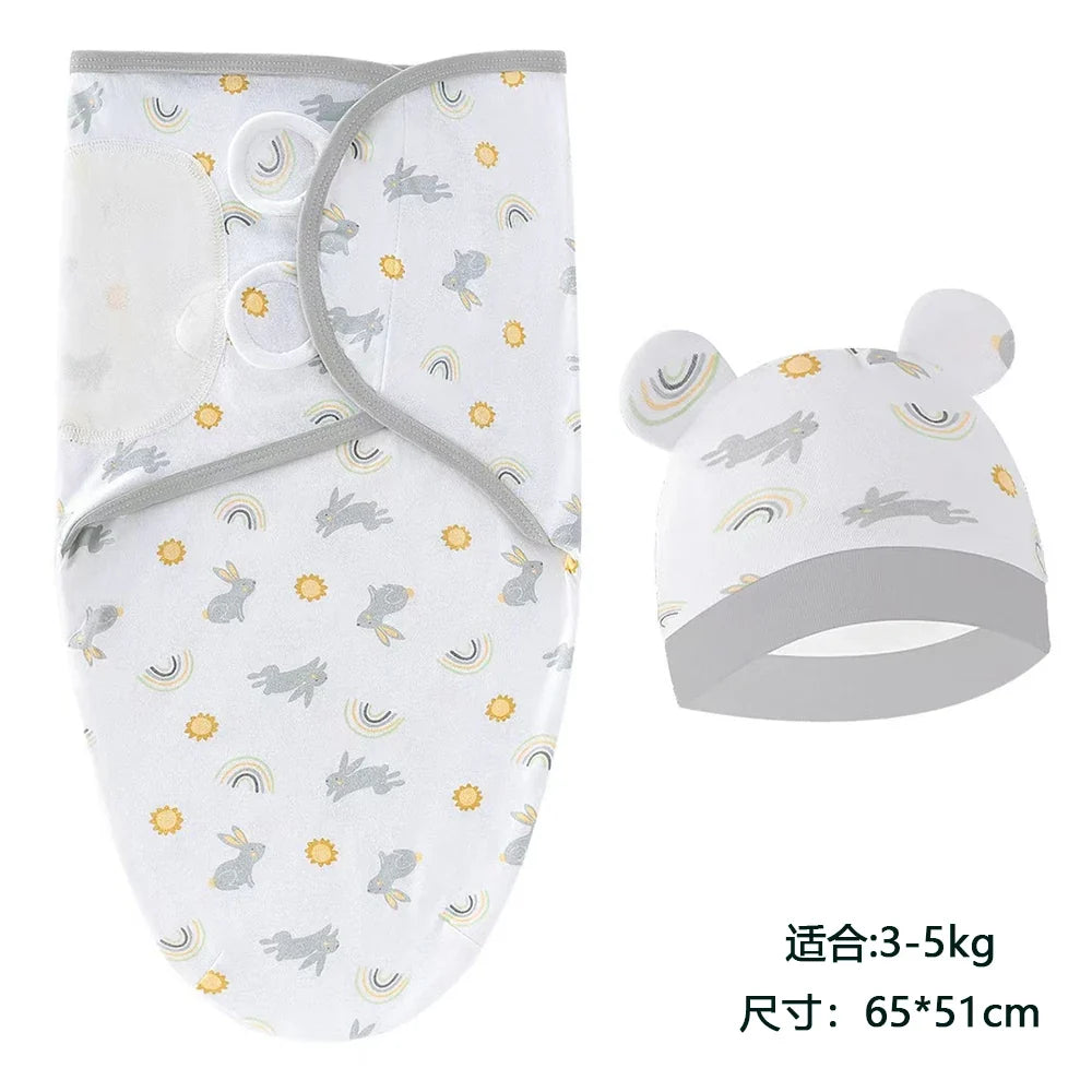 Baby Blanket Hat Set Cartoon Printed Cotton Newborn Swaddle Adjustable Infant Sleeping Swaddle Wraps All Seasons 0-6 Months by FLIPSTYLEZLLC