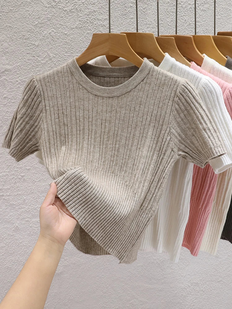 2026 Summer T shirts for Women Casual Female Korean Knit Streetwear Tees Basic Solid Young Cool Tops by Urban Fashion Icon