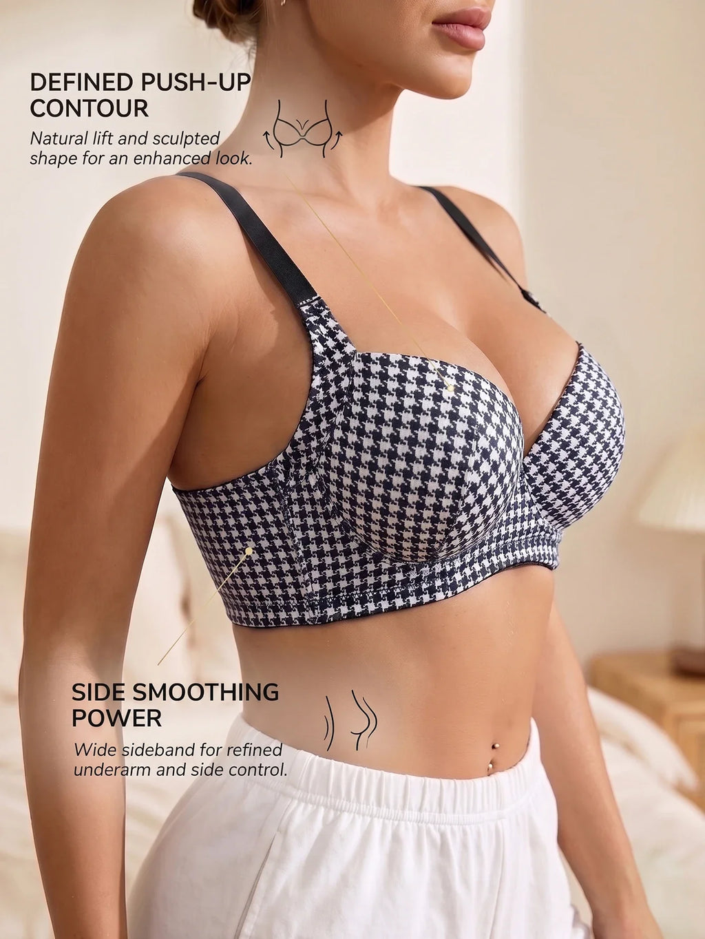 Women's Houndstooth Print Push-Up Bra Wide Elastic Straps Underwear Underwire Side Smoothing & Supportive Bra Women by Ladyez