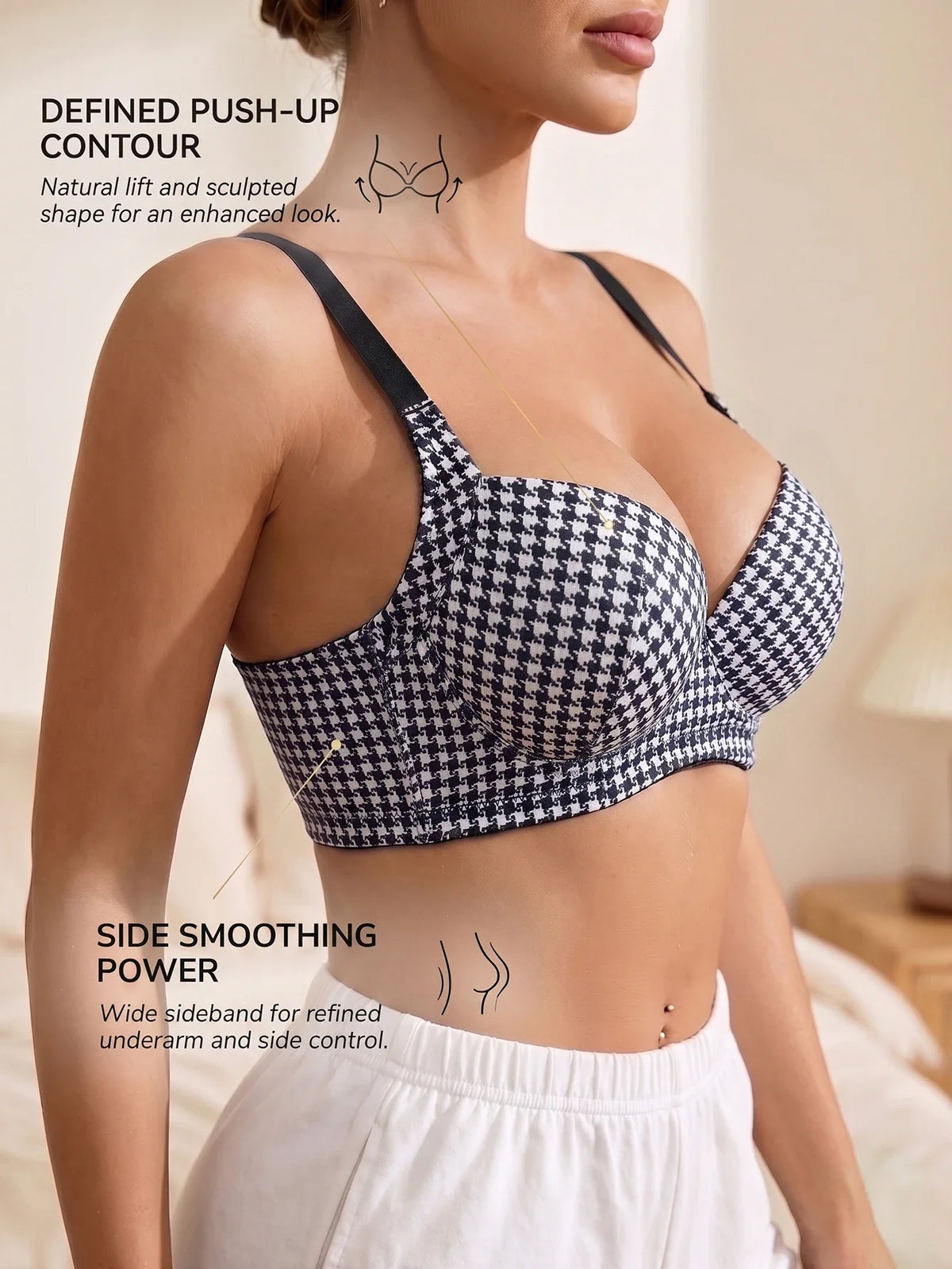 Women's Houndstooth Print Push-Up Bra Wide Elastic Straps Underwear Underwire Side Smoothing & Supportive Bra Women by Ladyez