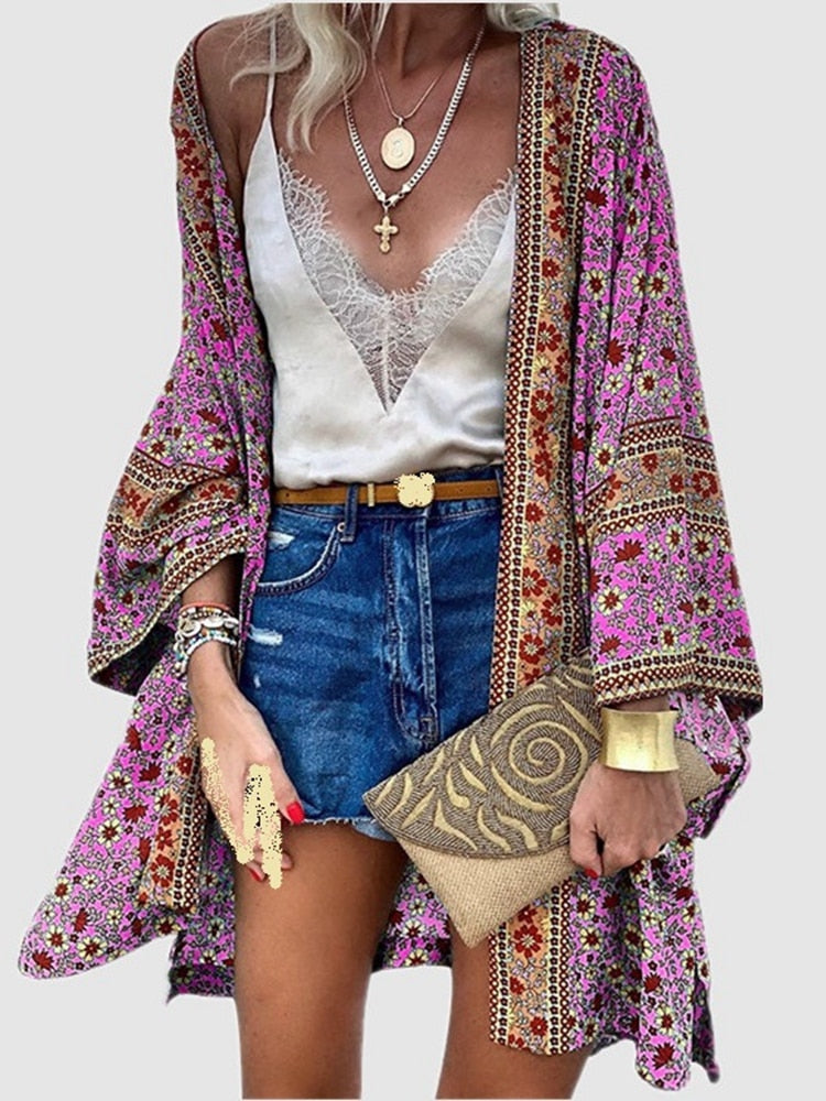 Cardigan Women Bohemian Floral Printed Blouse Open Front Loose Beach Tops Vintage Long Sleeve by nowadaysfashion