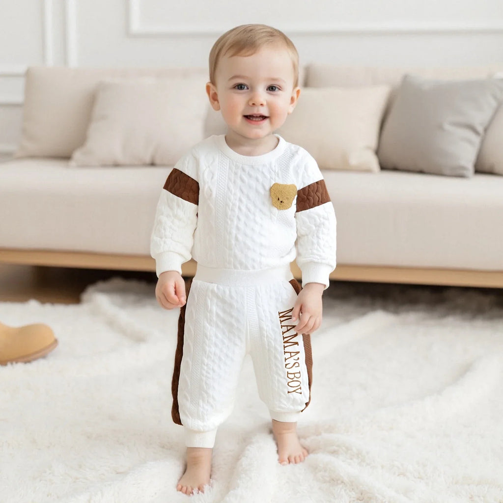 Baby Boy s Knit Outfits Fashionable Long Sleeve Bear Embroidery Textured Romper with Pants 2Pcs Set by FLIPSTYLEZLLC