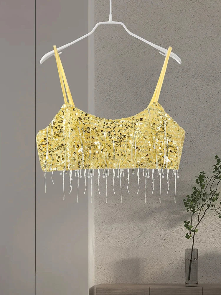 Sexy Tassel Chains Women's Set Elegant Solid Sequins Hip Package Female Party Mini Skirts Summer Holiday Lady Outfit Beachwear by Urban Fashion Icon