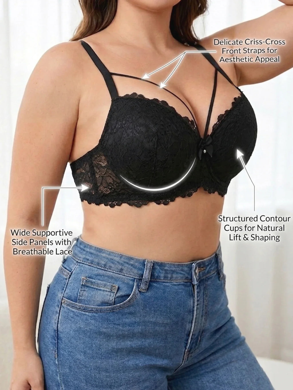 Plus Size Lace Women's Bra Thin Cup Push-up Bra Underwire Side Support Wide Strap Comfortable Bra Women by Ladyez