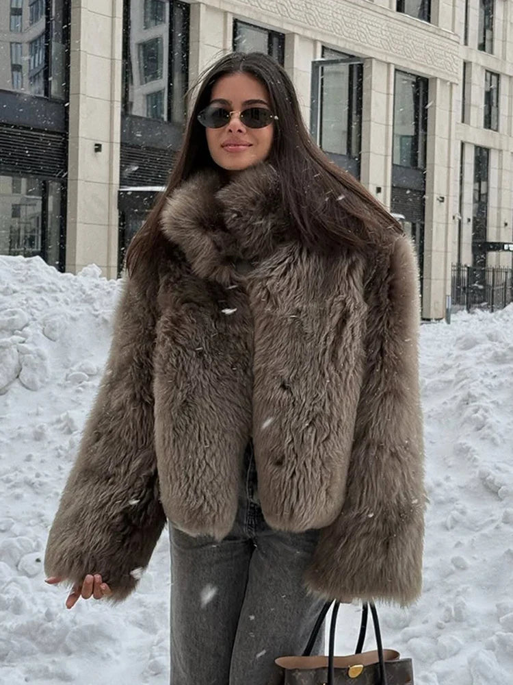 Solid Medium-length Fur Coat Women Elegant Lapel Hidden Button Loose Outerwear 2025 Winter New Office Lady Commute Overcoat by Urban Fashion Icon