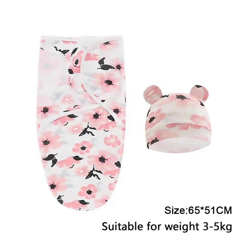 Baby Blanket Hat Set Cartoon Printed Cotton Newborn Swaddle Adjustable Infant Sleeping Swaddle Wraps All Seasons 0-6 Months by FLIPSTYLEZLLC