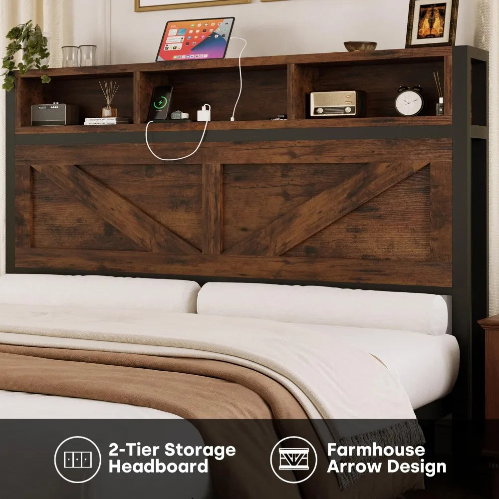 Farmhouse Queen Bed Frame & Bookcase Headboard,Charging Station & LED Light,2 Storage Drawers,Platform,Bedroom,Queen, Custom by FLIPSTYLEZLLC