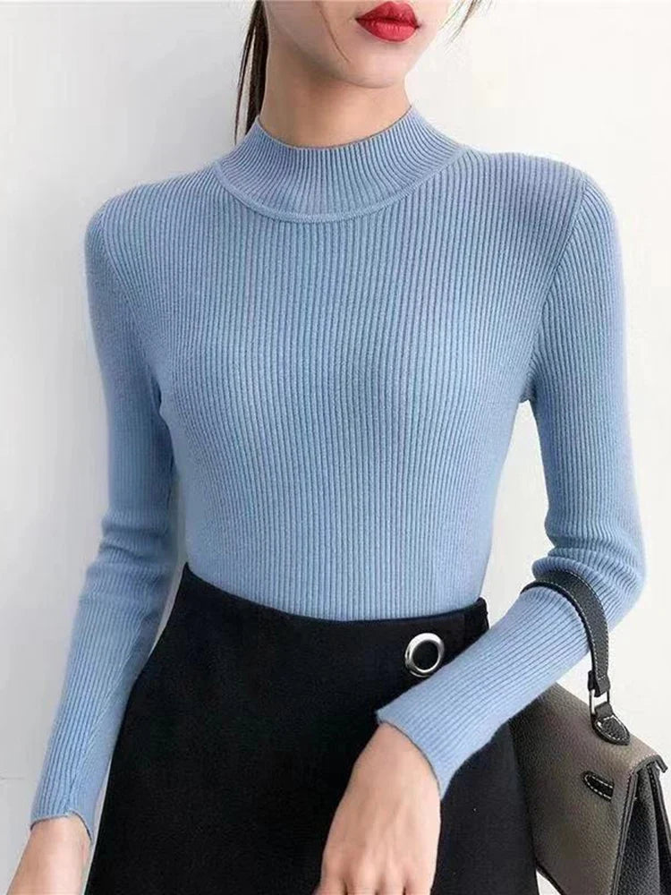 Autumn Winter Mock Neck Women Sweater Vintage Basic Solid Knitted Tops Casual Slim Pullover Korean Sweaters Simple Chic Jumpers by Urban Fashion Icon