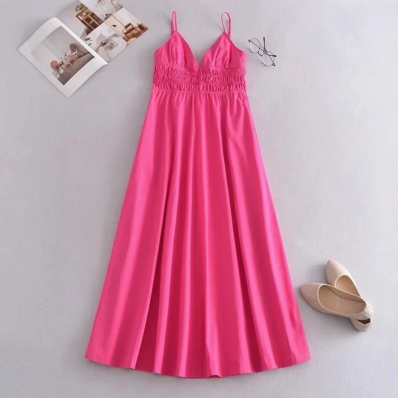 Foridol Elastic Smocking Green Cotton V Neck Summer Women's Dress Sleevless Long Green Maxi Casual Strapy Dress Solid Female by Ladyez