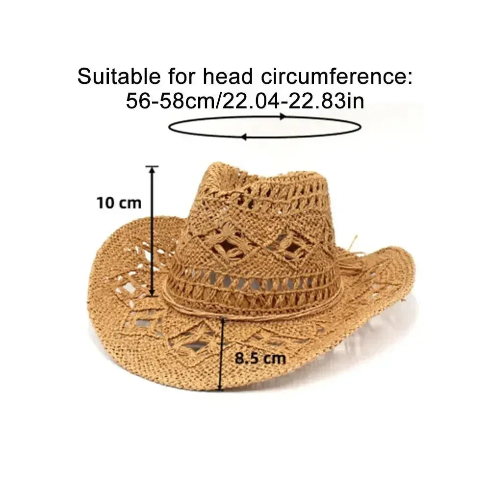 Summer Outdoor Men Women Hand-woven Western Cowboy Straw Hats Wide Brim Breathable Beach Jazz Cap Sun Protection Hat (Copy) by Goddess Imports Marketplace