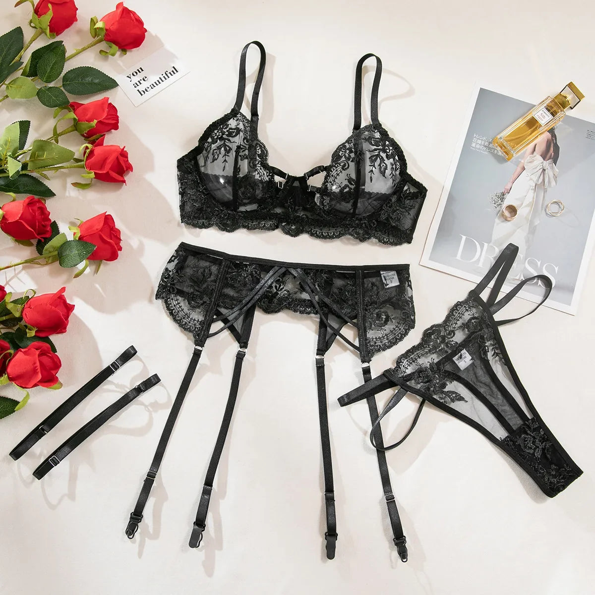 Embroidery Lingerie 3Pcs Sets Ultrathin Mesh Patchwork See Through Bras And Thongs Garter Suits Erotic Intimate Sexy Underwear by Ladyez