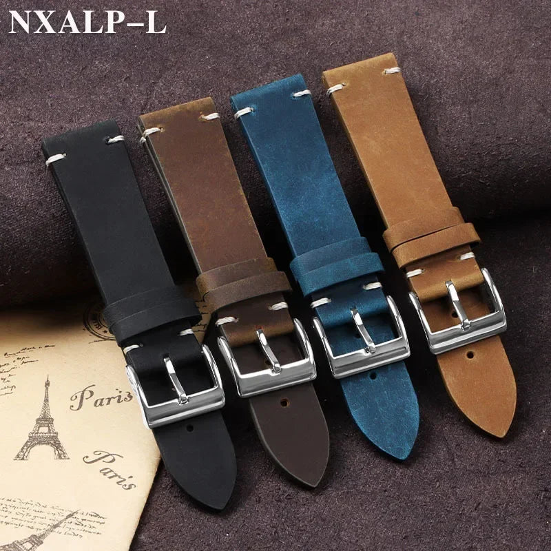 Vintage Oil Wax Leather Watch Band 18mm 20mm 21mm 22mm Handmade by AliExpress