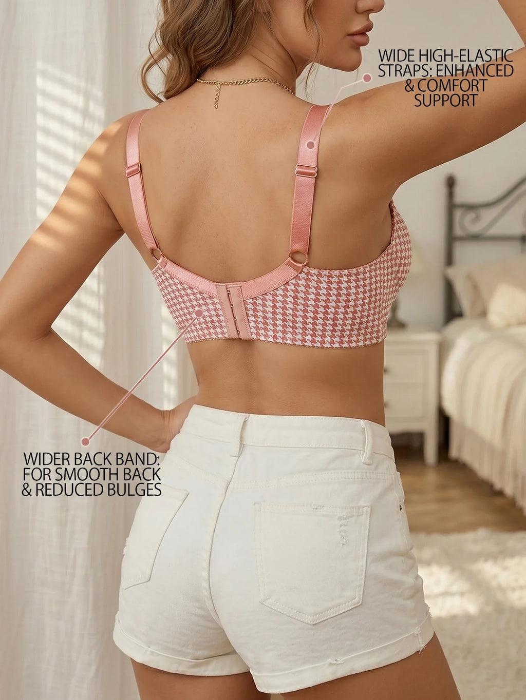 Women's Houndstooth Print Push-Up Bra Wide Elastic Straps Underwear Underwire Side Smoothing & Supportive Bra Women by Ladyez