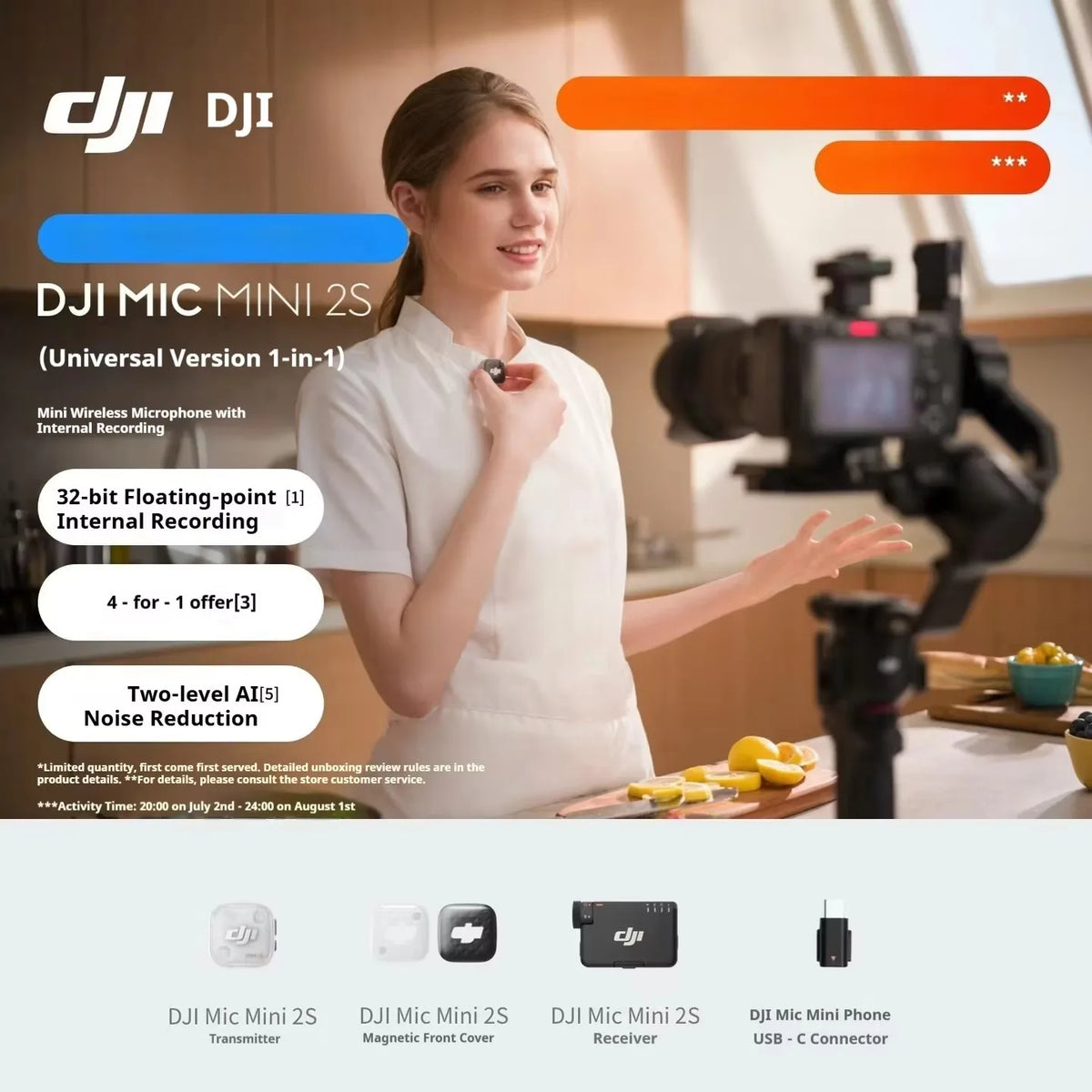 For DJI Mic Mini 2S Wireless Lavalier Mic 1TX/2TX 1RX Built-in Recording 32-bit Float AI Noise Reduction Mic for Camera Phone by FLIPSTYLEZLLC
