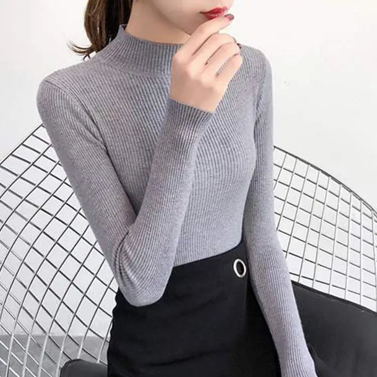 Autumn Winter Mock Neck Women Sweater Vintage Basic Solid Knitted Tops Casual Slim Pullover Korean Sweaters Simple Chic Jumpers by Urban Fashion Icon