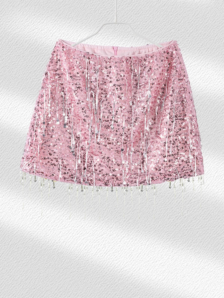 Sexy Tassel Chains Women's Set Elegant Solid Sequins Hip Package Female Party Mini Skirts Summer Holiday Lady Outfit Beachwear by Urban Fashion Icon