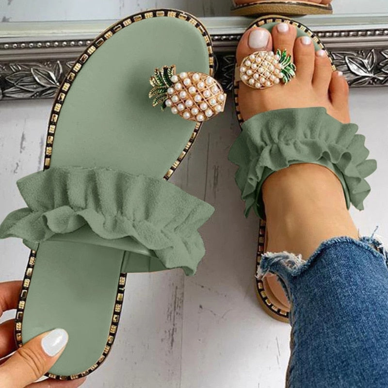 Pineapple Pearl Beach Slides Flat Toe Casual Womens Slippers by Silver Juneberry