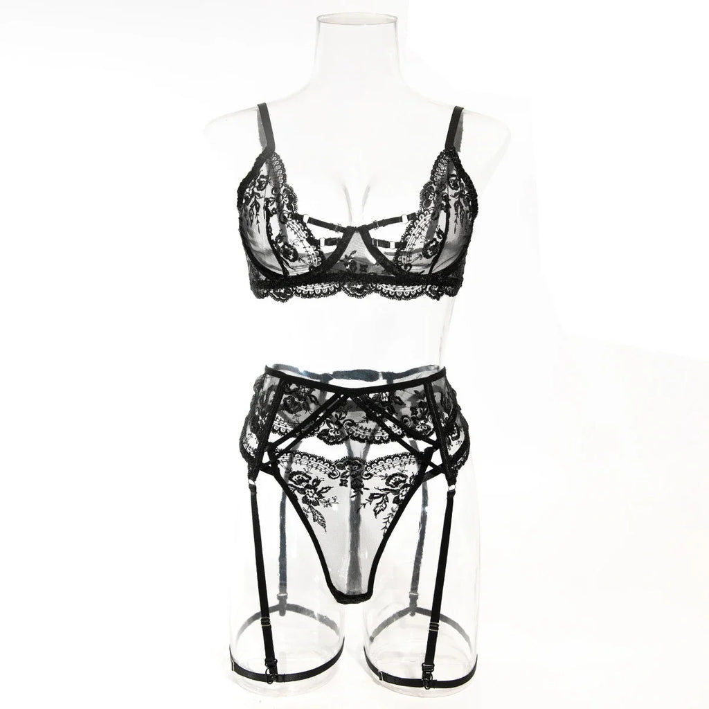 Embroidery Lingerie 3Pcs Sets Ultrathin Mesh Patchwork See Through Bras And Thongs Garter Suits Erotic Intimate Sexy Underwear by Ladyez