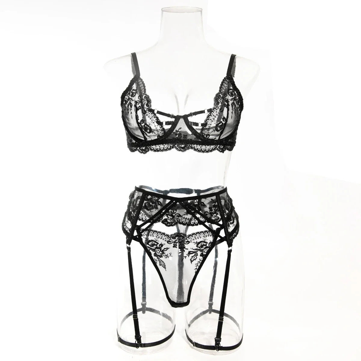 Embroidery Lingerie 3Pcs Sets Ultrathin Mesh Patchwork See Through Bras And Thongs Garter Suits Erotic Intimate Sexy Underwear by Ladyez