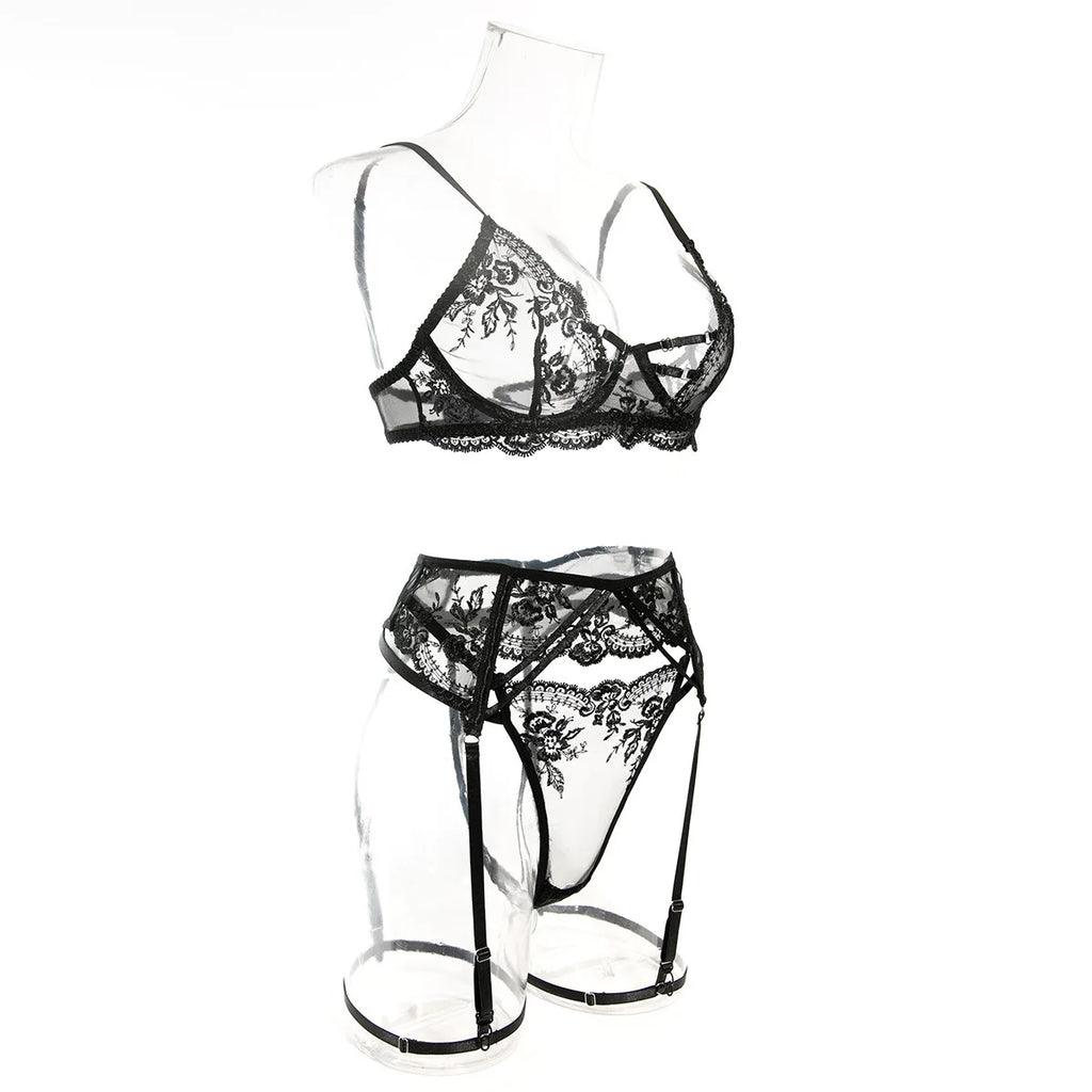 Embroidery Lingerie 3Pcs Sets Ultrathin Mesh Patchwork See Through Bras And Thongs Garter Suits Erotic Intimate Sexy Underwear by Ladyez