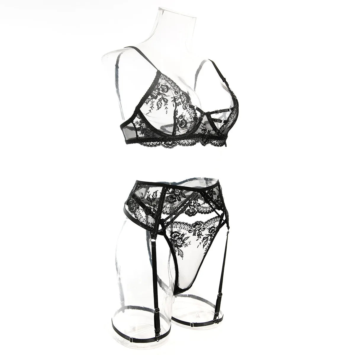 Embroidery Lingerie 3Pcs Sets Ultrathin Mesh Patchwork See Through Bras And Thongs Garter Suits Erotic Intimate Sexy Underwear by Ladyez