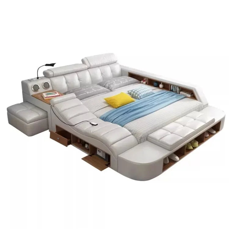 MINGDIBAO All In One Bed, Luxury Multifunctional Genuine Leather Bed Frame with Tatami, Tech Smart Ultimate Lit 2 Personnes by FLIPSTYLEZLLC