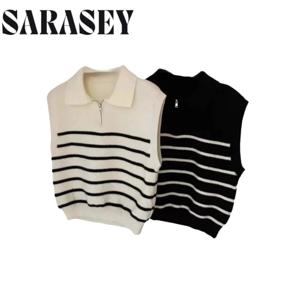 Korean Retro Lapel Zipper Stripe Knitted Vest Women Autumn Winter Sleeveless Sweater Casual 100% Polyester Pullover Outerwear by Urban Fashion Icon