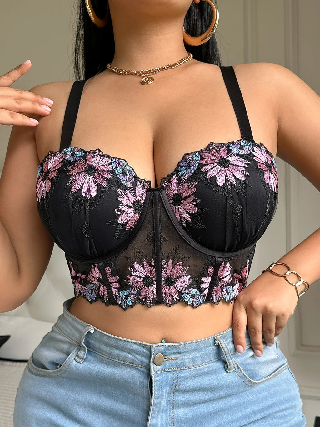 Plus Size Women Bra Floral Lace Patchwork Embroidery Thin Cup Push up Bra Comfortable Underwire Shapewear Bra for Women by Ladyez