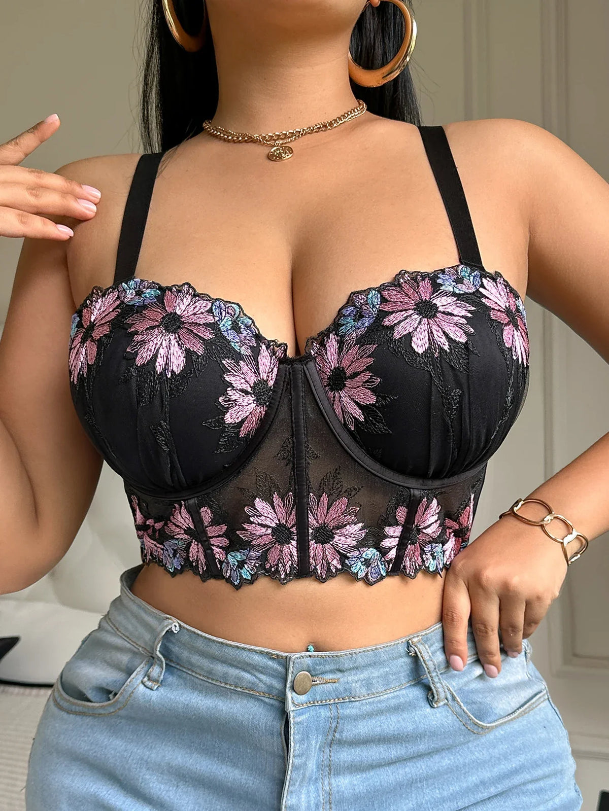 Plus Size Women Bra Floral Lace Patchwork Embroidery Thin Cup Push up Bra Comfortable Underwire Shapewear Bra for Women by Ladyez