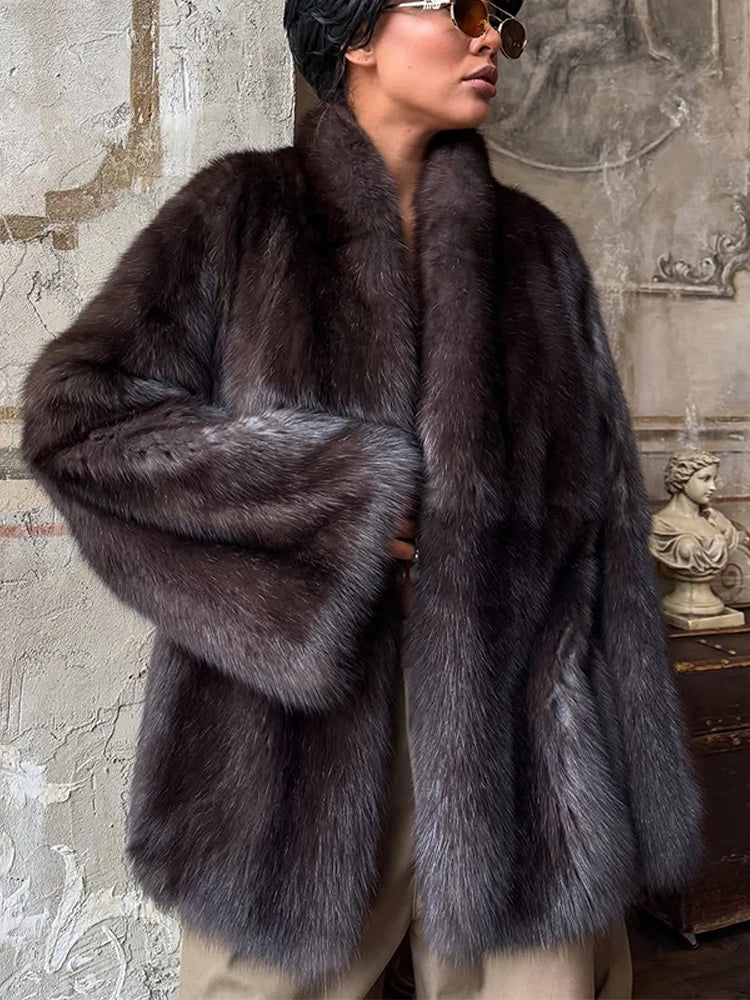 Solid Medium-length Fur Coat Women Elegant Lapel Hidden Button Loose Outerwear 2025 Winter New Office Lady Commute Overcoat by Urban Fashion Icon