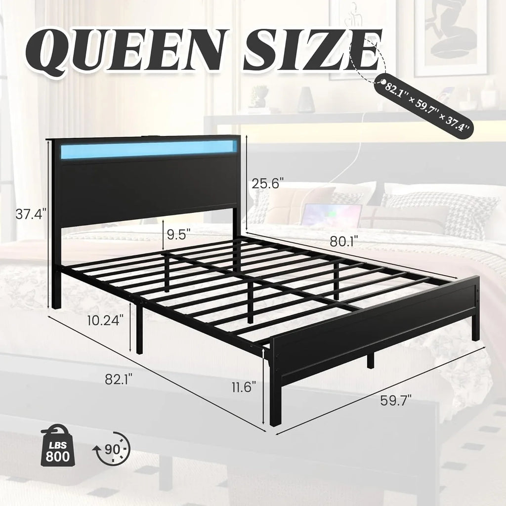 Fluest Queen Bed Frame with Headboard & Footboard, Bed Frame with Built-in Charging Station LED Light, Storage Shelf，Customized by FLIPSTYLEZLLC
