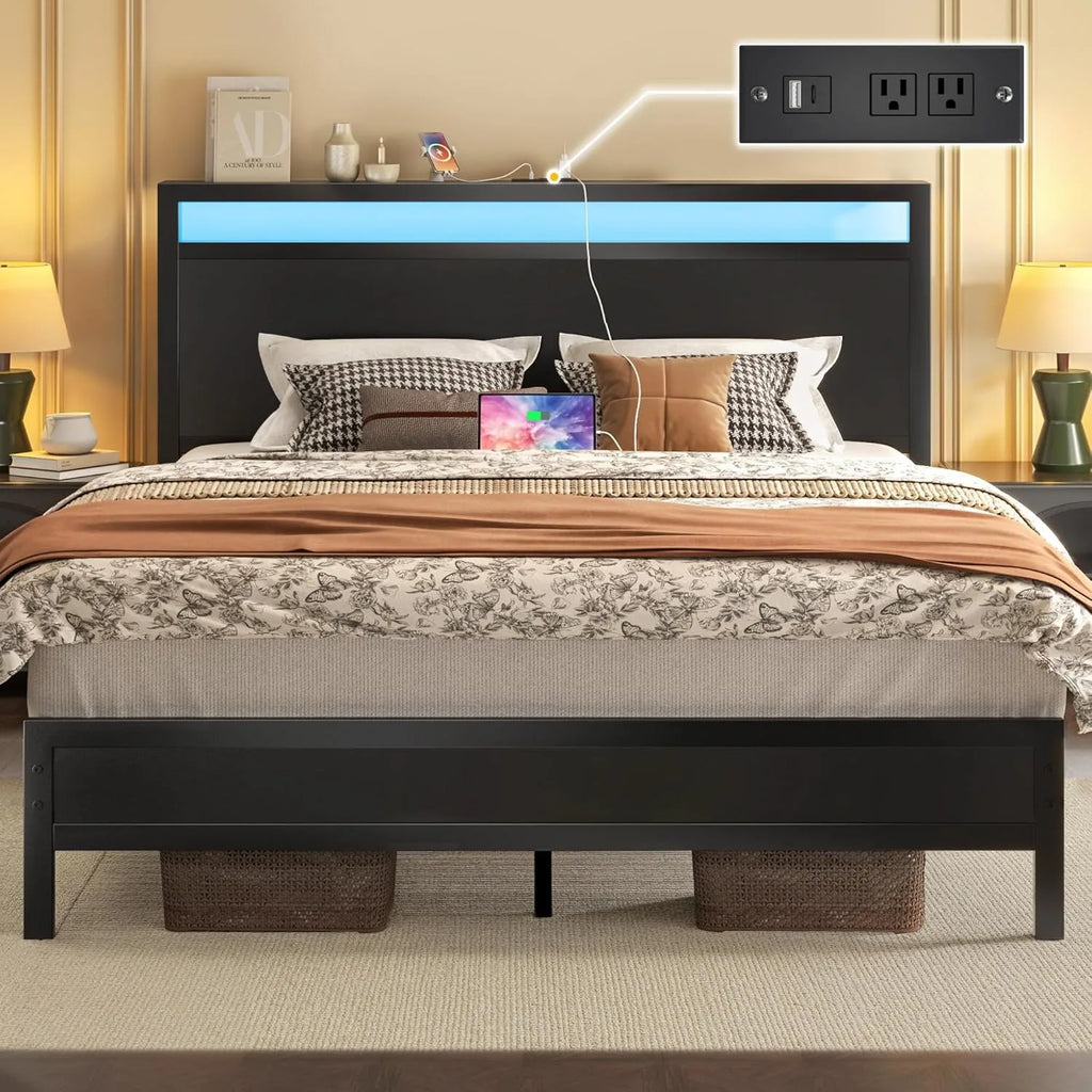 Fluest Queen Bed Frame with Headboard & Footboard, Bed Frame with Built-in Charging Station LED Light, Storage Shelf，Customized by FLIPSTYLEZLLC