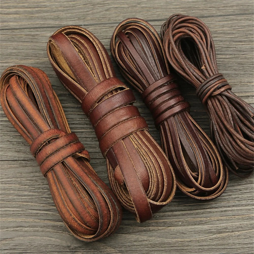 2m Vintage Cowhide Leather Cord Strip Round/Flat Rope String DIY by AliExpress