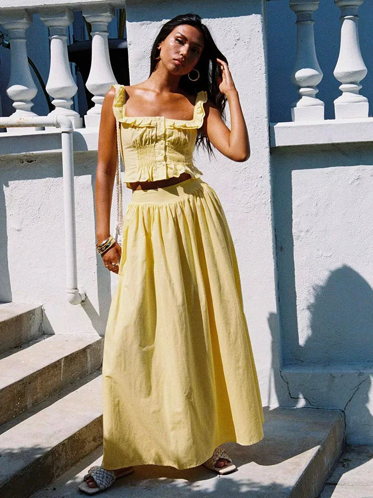 Summer Women White Cotton Dress Set 2025 Top+skirt 2 Pcs Outfit Ruffles Button Slim Top A-line Maxi Skirt Beach Casual Dress by Ladyez