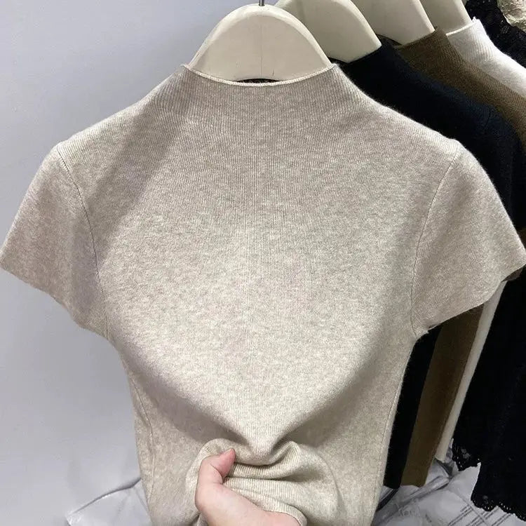 2026 Basic Turtleneck Solid Thin Summer Pullover Women Female Knitted Sweater Slim Short Sleeve Bodycon Sweater by Urban Fashion Icon