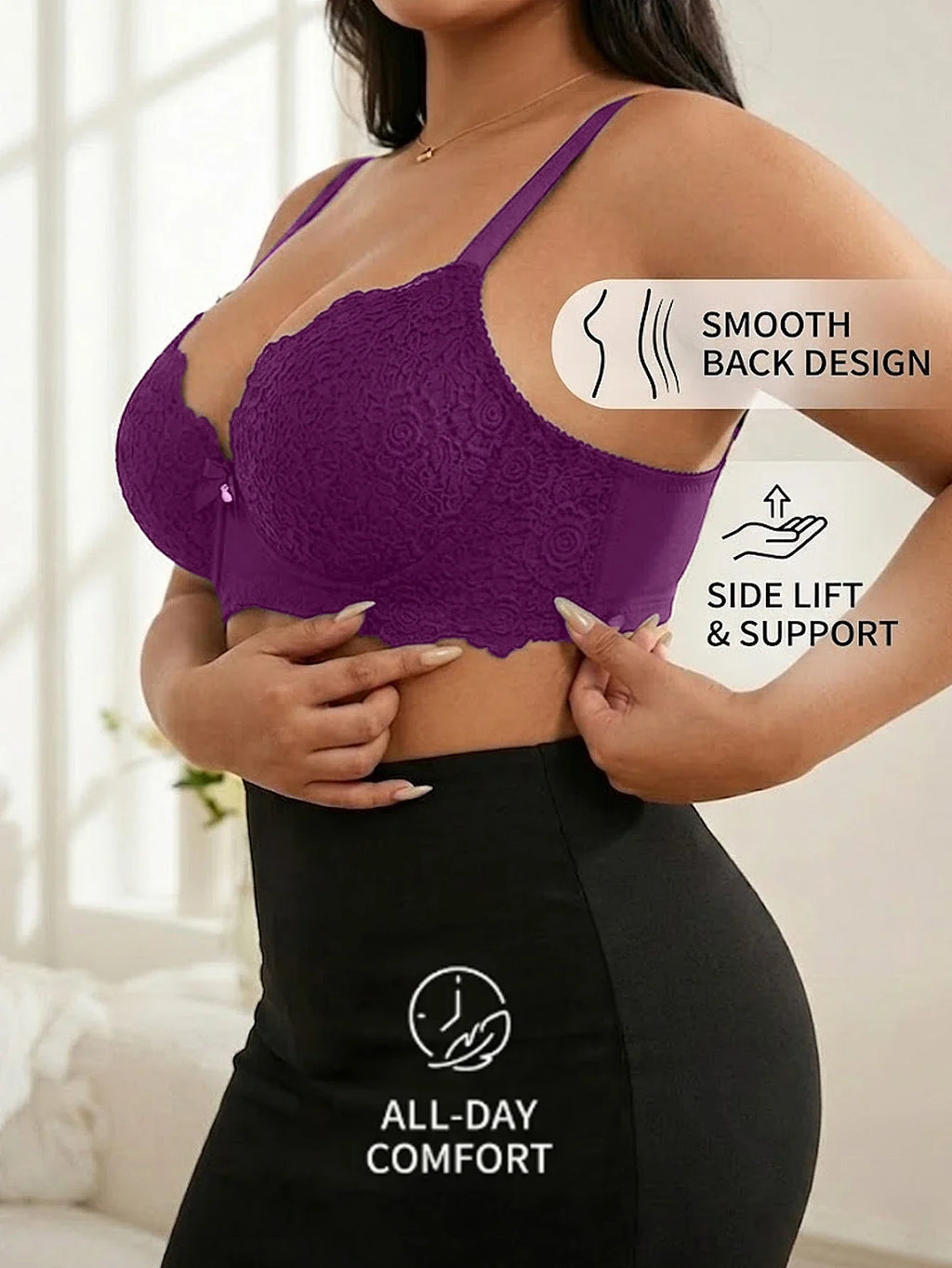 Plus Size Floral Lace Women Push-Up Bra Underwire Support Anti-Sagging Underwear Comfy Wide Straps Thin Cup Daily Lingerie Bra by Ladyez