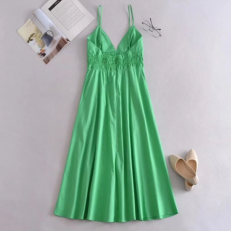 Foridol Elastic Smocking Green Cotton V Neck Summer Women's Dress Sleevless Long Green Maxi Casual Strapy Dress Solid Female by Ladyez