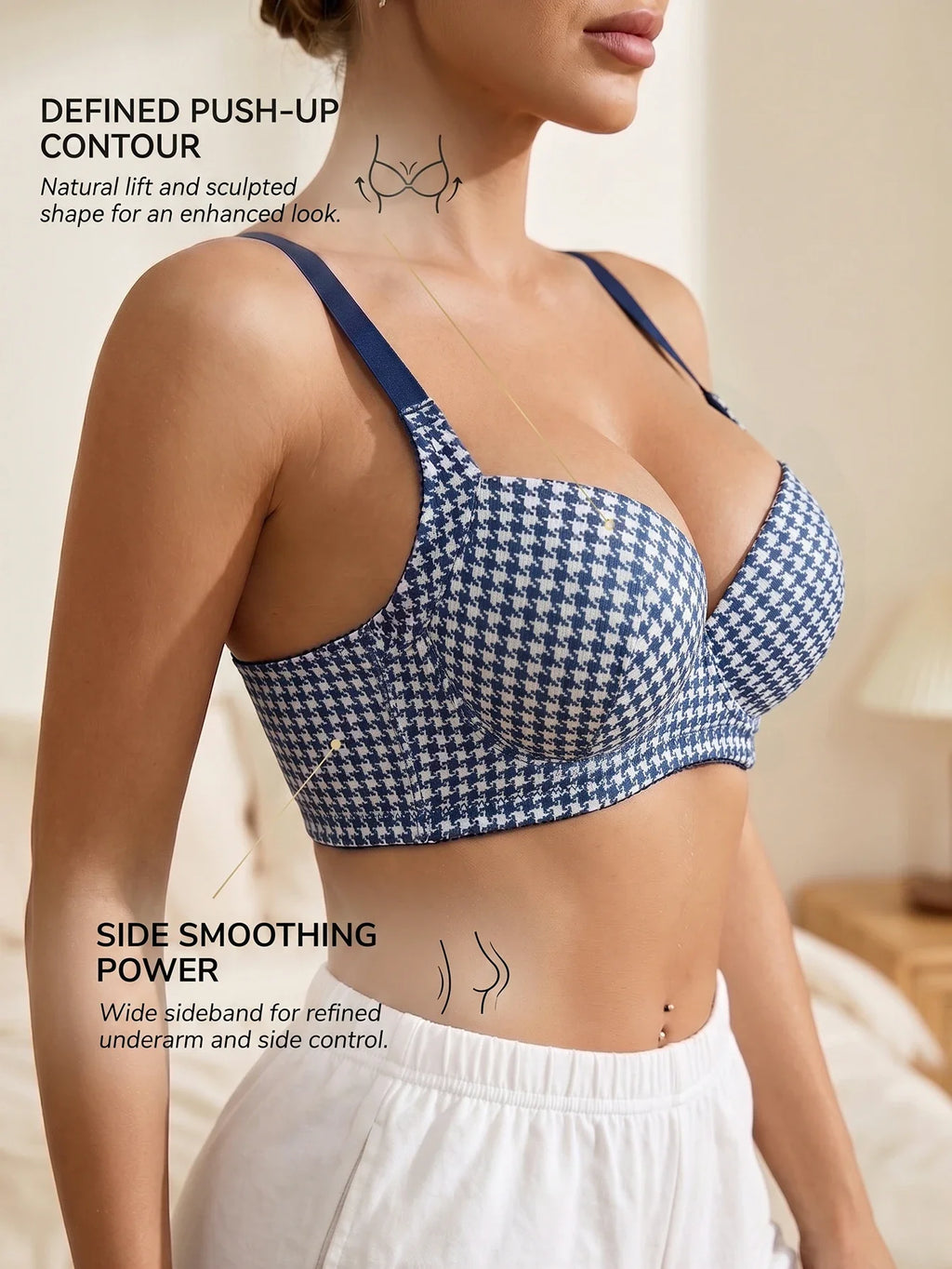 Women's Houndstooth Print Push-Up Bra Wide Elastic Straps Underwear Underwire Side Smoothing & Supportive Bra Women by Ladyez