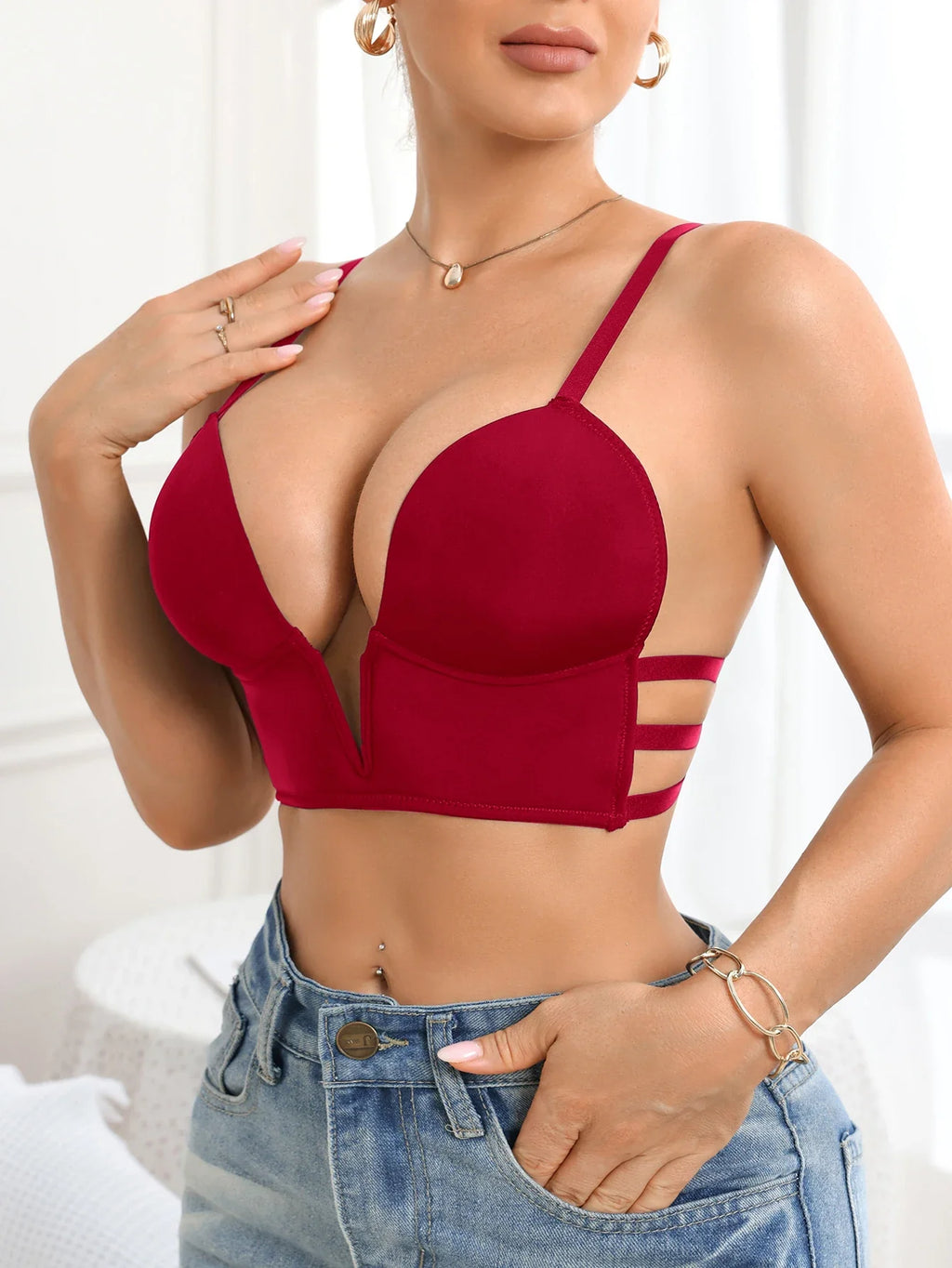 Fashionable Solid Color Women Bra Minimalist Deep V Push up Bra Comfortable and Sexy Underwire Lingerie Underwear by Ladyez
