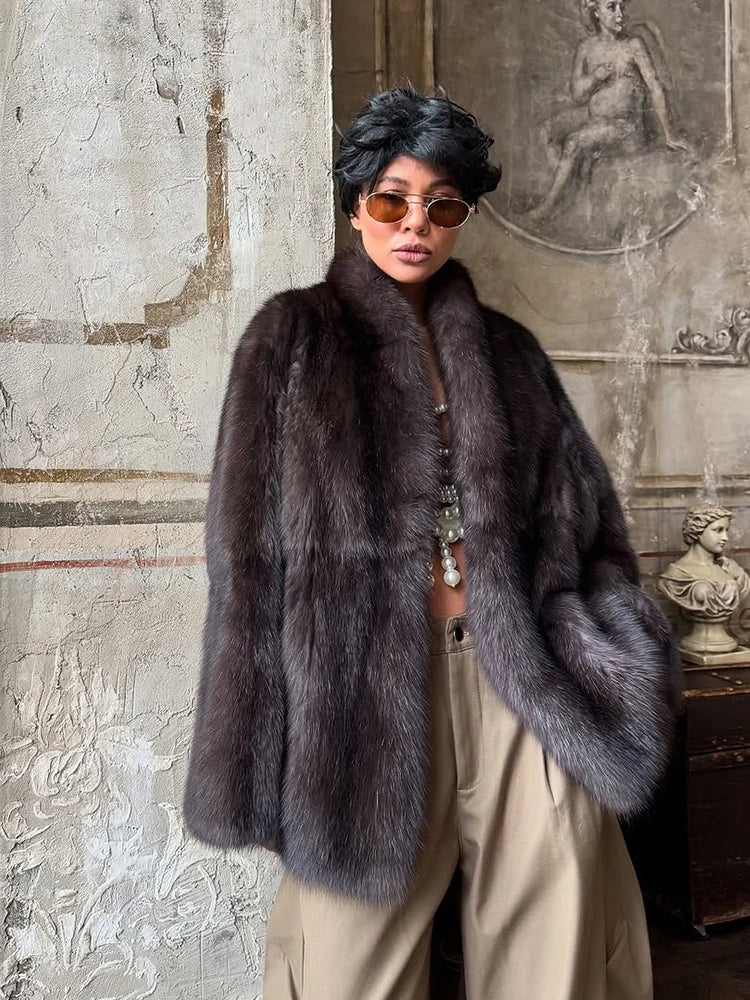 Solid Medium-length Fur Coat Women Elegant Lapel Hidden Button Loose Outerwear 2025 Winter New Office Lady Commute Overcoat by Urban Fashion Icon
