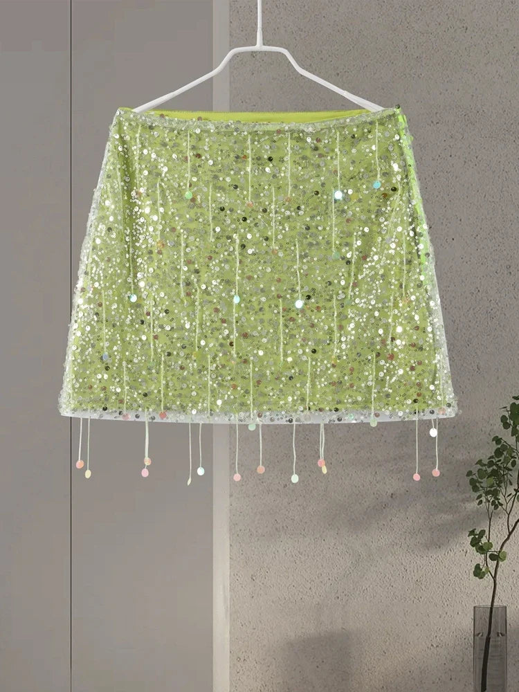 Sexy Tassel Chains Women's Set Elegant Solid Sequins Hip Package Female Party Mini Skirts Summer Holiday Lady Outfit Beachwear by Urban Fashion Icon