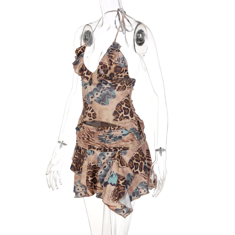 Ruffles Print Halter Sleeveless Crop Top Draped Skirts 2 Pcs Set by nowadaysfashion
