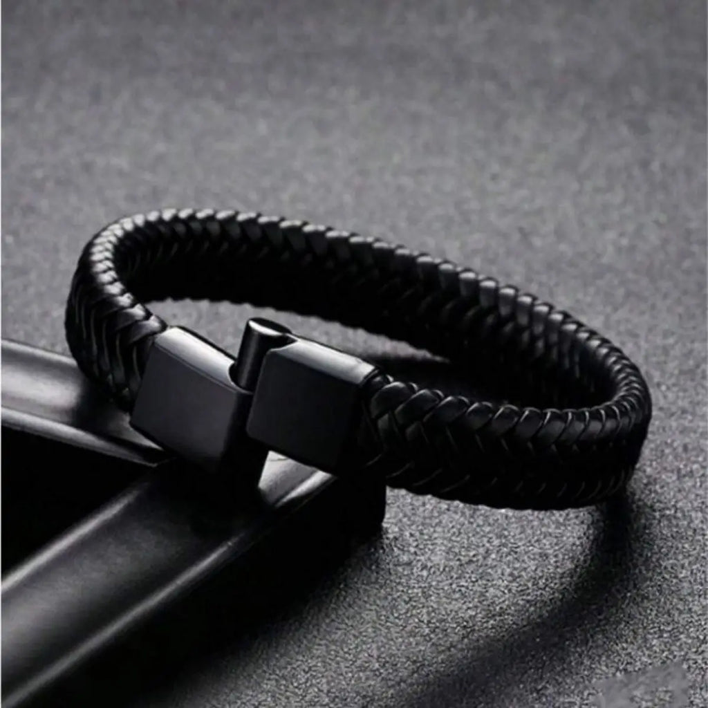 Retro Men's Leather Open Bangle, Simple Multi-Size Woven Leather Hand by AliExpress